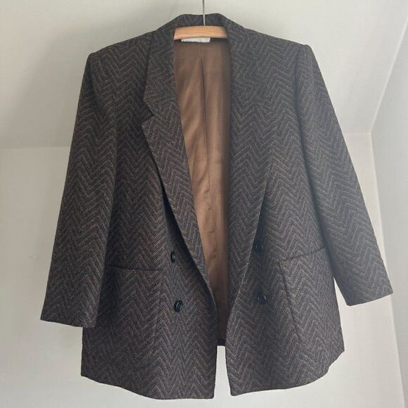 Vintage Evan Picone Herringbone Double Breasted Blazer Jacket Patch Pocket Brown - Picture 5 of 8